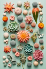 Aesthetic knolling succulents, on a pastel background.
