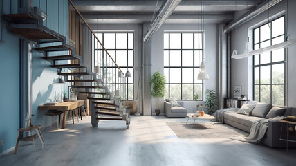 Panorama of loft apartment interior 3d rendering, Bright color. Generative Ai