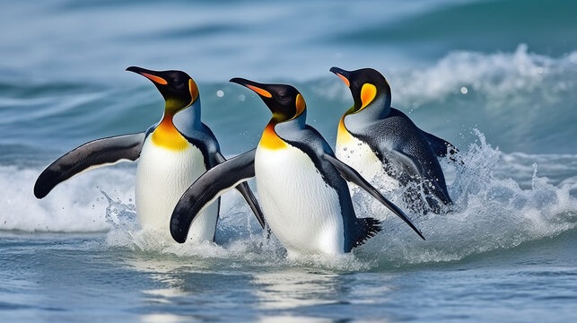 King Penguins Journey Through Azure Waters in Atlantic Ocean. Generative AI