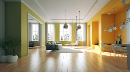 Weisses Apartment Interior Panorama 3d render, Bright color. Generative Ai