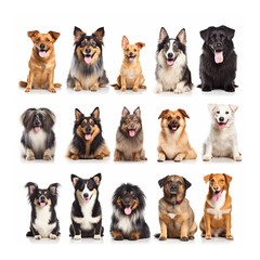 Set of different happy dogs portraits isolated on white background, created with generative AI