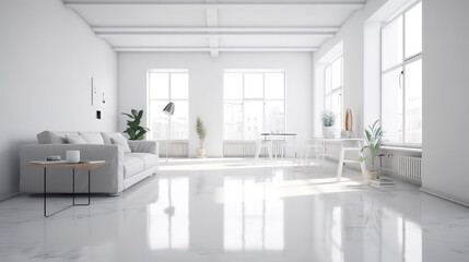 White apartment interior panorama 3d rendering, Bright color. Generative Ai