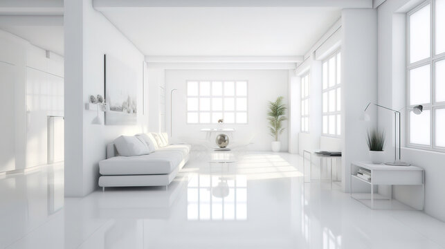 White apartment interior panorama 3d rendering, Bright color. Generative Ai