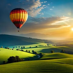 Hot air balloon flying in nature, with beautiful mountain and sunrise sunset concept, celebration theme, background for website, blog, advertisement, presentation, business, etc. Ai genetaive image