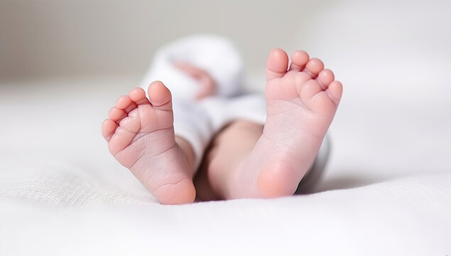 Closeup of newborn baby feet lying on white background, Generative AI