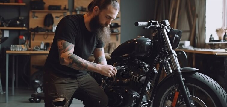 Standing in a repair shop, fixing a custom motorcycle. Generative AI