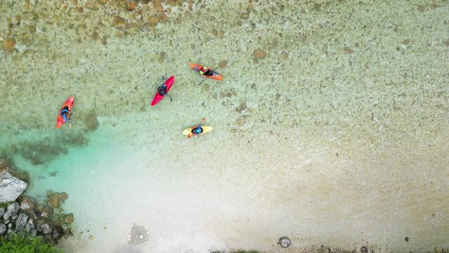 Slovenia, Goriska region, Bovec, Triglav National Park, Kayaking on the River Soča, aerial view