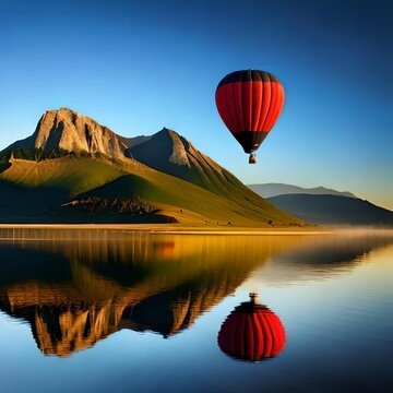 Hot air balloon flying in nature, with beautiful mountain and sunrise sunset concept, celebration theme, background for website, blog, advertisement, presentation, business, etc. Ai genetaive image