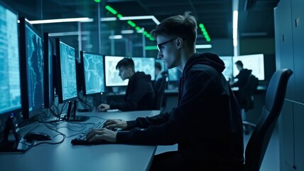 working at their desks in a data center are young male hackers. The Generative AI
