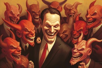 Bunch of greedy evil politics with devil like eyes and horns laughing Generative AI