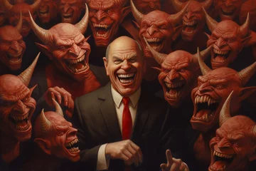 Foto op Canvas Bunch of greedy evil politics with devil like eyes and horns laughing Generative AI © LayerAce.com