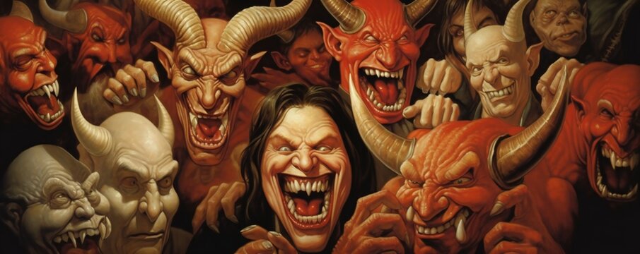 Bunch of greedy evil politics with devil like eyes and horns laughing Generative AI
