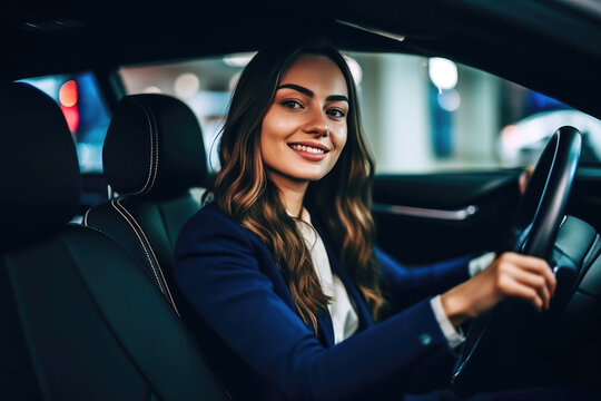 Women with natural facial features in a car in elegant business suit. Generative AI