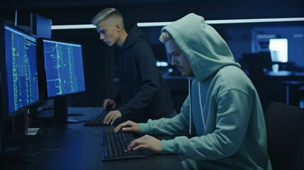 Naklejka na ściany i meble working at their desks in a data center are young male hackers. The Generative AI