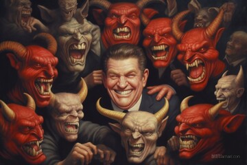 Bunch of greedy evil politics with devil like eyes and horns laughing Generative AI - obrazy, fototapety, plakaty