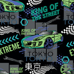 Abstract seamless pattern with sport cars .Bright background with grunge elements for textiles, children's clothes, prints. Pattern for boys © SokolArtStudio