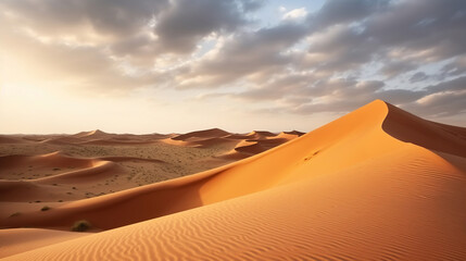 Dunes under light clouds in desert. Generative AI