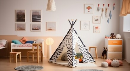 Patterned tent near stool in child's bedroom interior with posters on white. Generative AI
