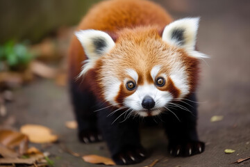 Cute red panda stay on a ground. Wild fluffy red panda in wild nature. A rare animal. Generative AI professional photo imitation.