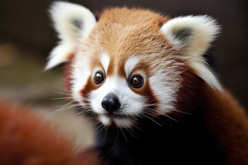 Cute red panda face portrait close up. Wild fluffy red panda in wild nature. A rare animal. Generative AI professional photo imitation.