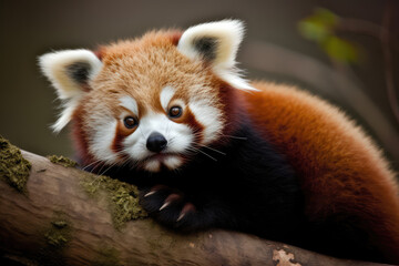 Fototapeta premium Cute red panda face portrait close-up. Wild fluffy red panda on a tree in wild nature. A rare animal. Generative AI professional photo imitation.