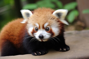 Cute red panda face portrait close up. Wild fluffy red panda in wild nature. A rare animal. Generative AI professional photo imitation.