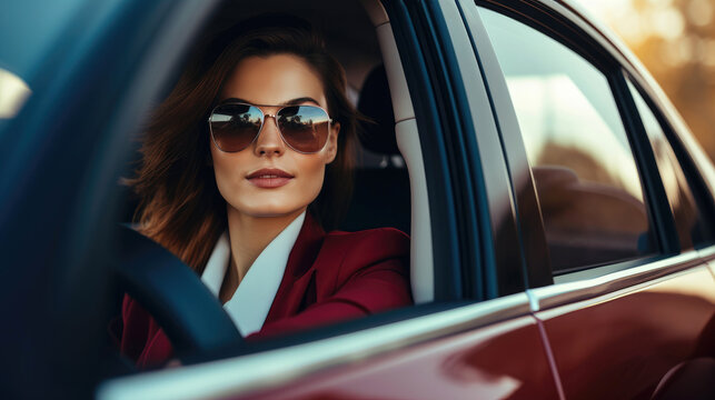 Women with natural facial features in a car in elegant business suit. Generative AI