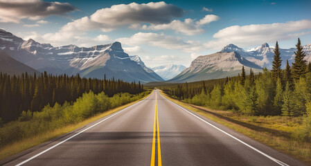 Naklejka premium Scenic landscape with David Thompson Highway and mountains of Canadian Rockies, Generative AI