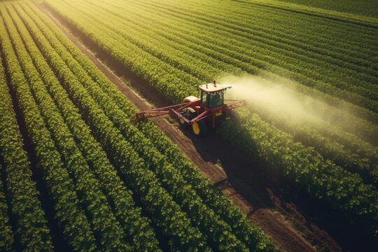 Aerial view of farming tractor plowing and spraying on field, AI Generative