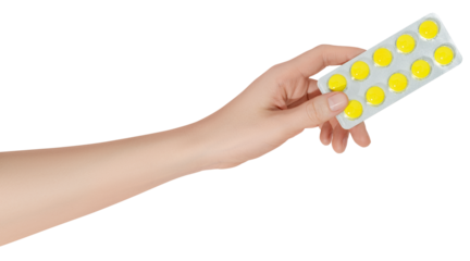 Hand holding pills in blister packs on a transparent background. Health care concept.