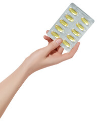 Woman hand holding fish oil capsules. Copy space. Medicine concept