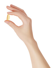 Hand holding the supplements (omega 3, vitamins) on transparent background - obrazy, fototapety, plakaty
