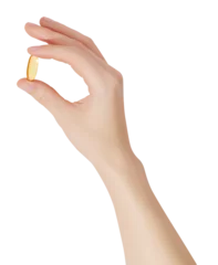 Fotobehang Apotheek Hand holding the supplements (omega 3, vitamins) on transparent background