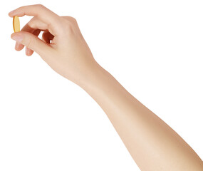 Hand holding the supplements (omega 3, vitamins) on transparent background