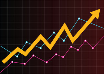 yellow arrow pointing up represents financial profit symbol chart followed by two graphic lines