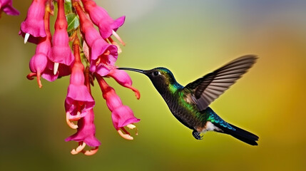 Naklejka premium Hummingbird with pink bloom in forest habitat. Colibri thalassinus, flying in the nature tropical wood habitat, red flowe. Generative AI