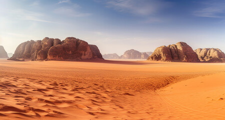 Fototapeta na wymiar Panoramic view to red sand desert with mountains rocks. Generative AI