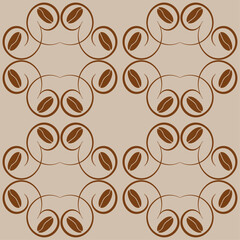 Background. Pattern seamless in coffee tones from coffee beans, decorated with swirls.