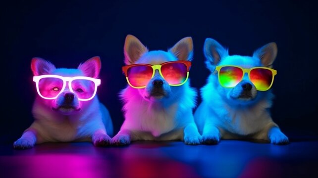 In a colorful neon light, a cool baby young DJ group of pets is enjoying some free space while listening to music. Generative AI