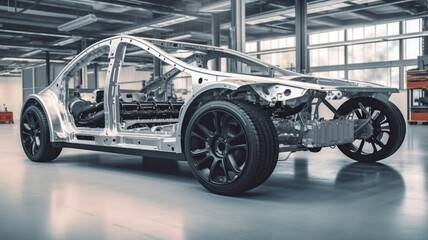 In a high-tech industrial machinery design lab, a prototype electric car platform chassis is standing. a battery and an engine.Generative AI - obrazy, fototapety, plakaty