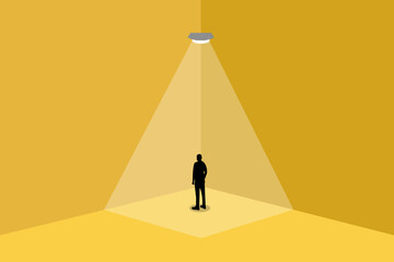 Business recruitment or hiring vector concept. Looking for talent. Business man standing in spotlight or searchlight looking for new career opportunities. Eps10 vector illustration