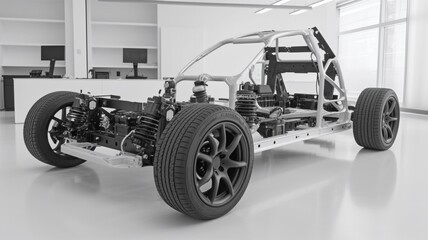Fototapeta na wymiar In a high-tech industrial machinery design lab, a prototype electric car platform chassis is standing. a battery and an engine.Generative AI