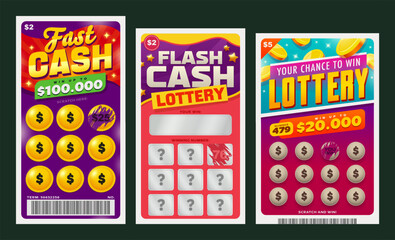 Lottery tickets. Set of game scratch win cards and tickets using for instant lottery isolated vector illustration