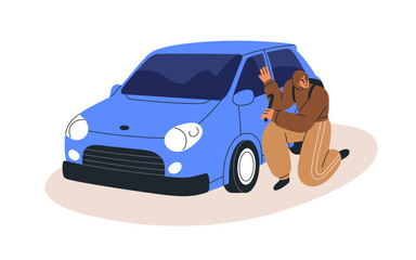 Thief breaking into car. Man burglar unlocking transport vehicle for stealing. Robber violating law, doing crime, damage. Illegal auto theft. Flat vector illustration isolated on white background