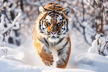 Fototapeta na wymiar siberian tiger running in the snow ai generated art