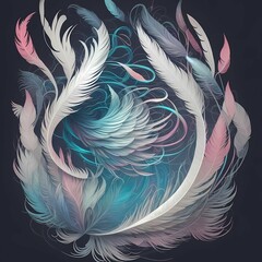 Fototapeta premium Colorful Feather Illustration: Soft and Stylish Design with Green, Pink, Blue, and White Feathers, creating an Artistic Composition
