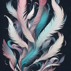 Fototapeta premium Colourful Feathers in a Soft and Stylish Illustration: Design with Green, Pink, Blue, and White Hues
