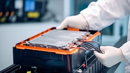 In a lab, an engineer or technician works with an EV car battery cells module.Generative AI - obrazy, fototapety, plakaty