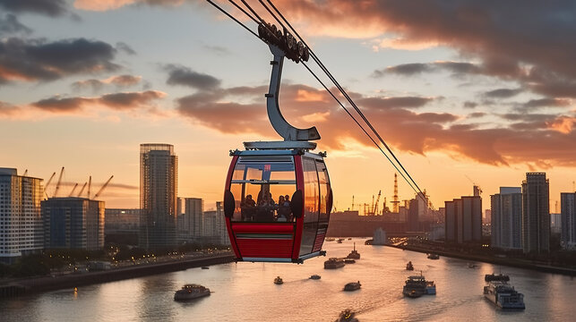 The Cable Car's Scenic Passage Across the Thames, Revealing Breathtaking Sunset Backdrop, Generative AI