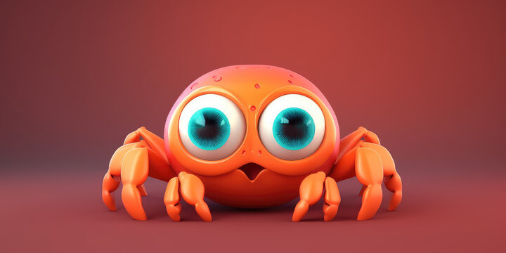 Cute red crab cartoon 3d character. Pretty crab mascot with big eyes isolated on flat rose background with copy space. Cartoon animal illustration. 3d render Generative AI art.